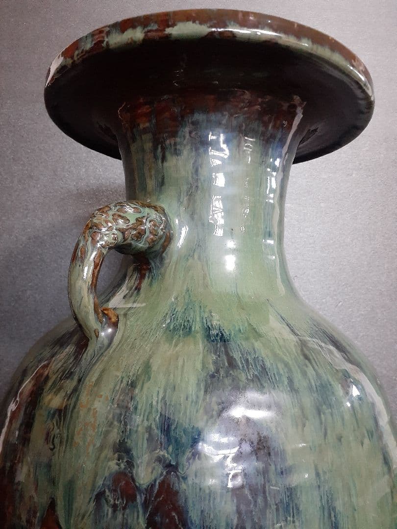 国指定重要無形文化財【小鹿田焼】飴釉　緑釉　打ち掛け　流し釉　双耳広口大壺　花器