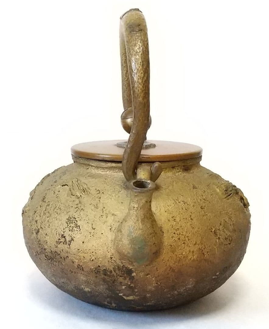 梅泉造 亀文堂 銅瓶 山水楼 帆船紋盖 象嵌叶提梁