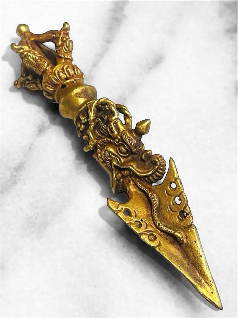 チベット密教 新品 プルパ 金メッキ　龍　金剛杵　約12センチ 594