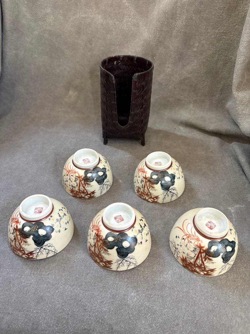 煎茶道具　九谷　煎茶椀5点　竹杯籠　茶道具　煎茶道　紅葉と花の絵柄