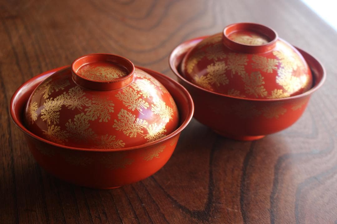 時代逸品！上質朱漆に極上信夫蒔絵の映えるお椀2点（検輪島塗懐石椀蒔絵椀