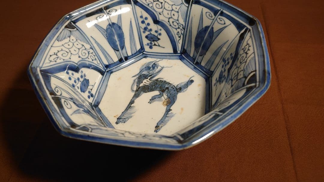 古伊万里　伊万里　染付　麒麟の図　８角鉢　アンティーク伊万里　1１客