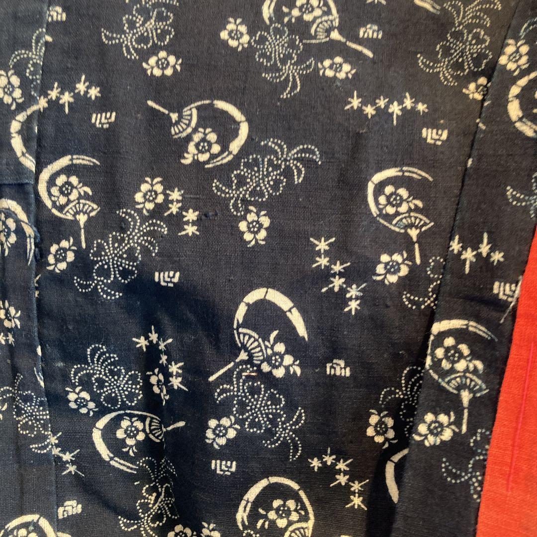 古布　両面染め　型染　藍染　上っ張り　紅花染め　団扇