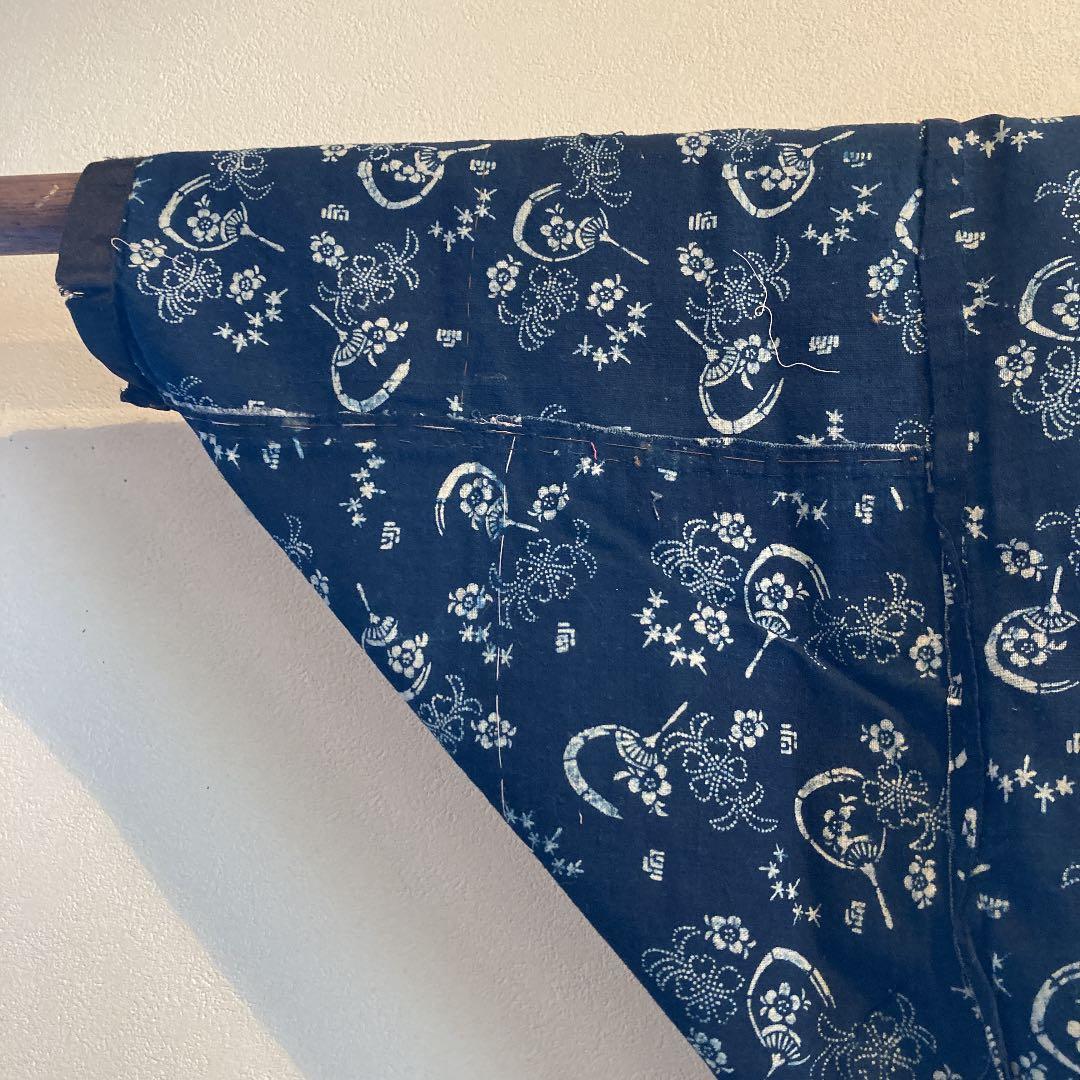 古布　両面染め　型染　藍染　上っ張り　紅花染め　団扇