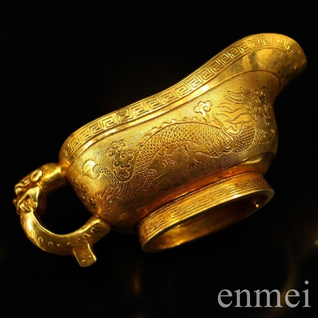 中国古美術・珍蔵浮彫鎏金双龍ワイングラス純銅制・純手作り・文房具・賞物 ·酒具