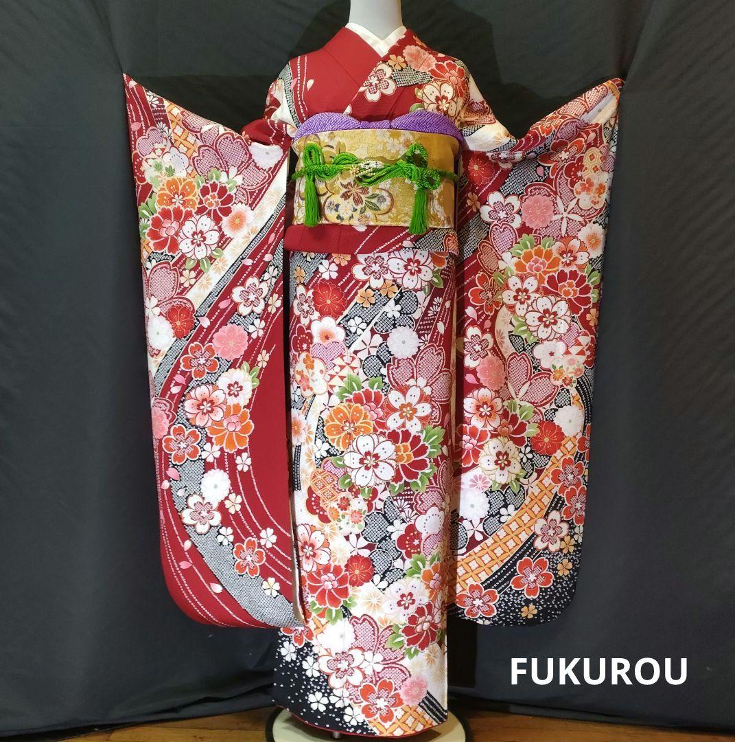 【特価】本振袖　鹿の子織　現代古典　王道の赤