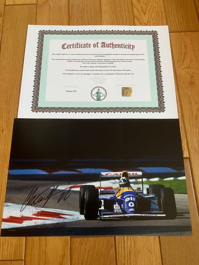 デーモン　ヒル　直筆サイン　ウィリアムズルノー　1993 証明書付き