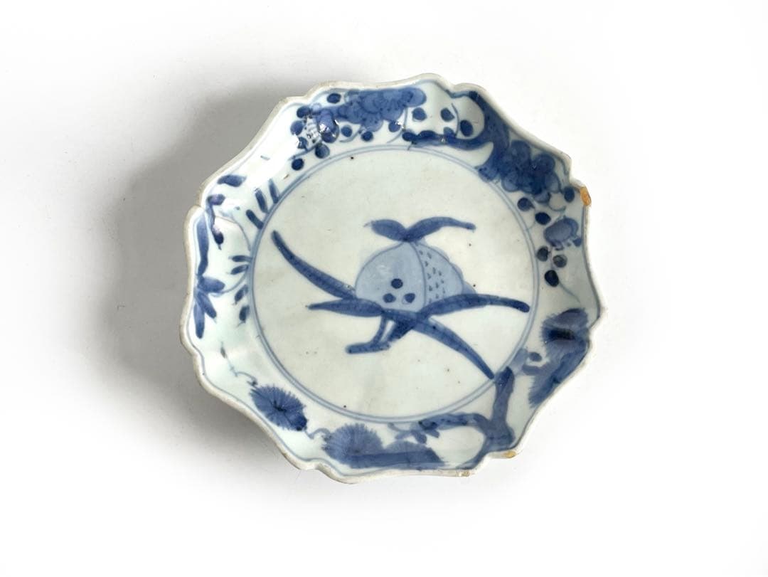 骨董　アンティーク　藍九谷　染付　桃図　輪花縁　小皿　誉印　初期伊万里　古伊万里