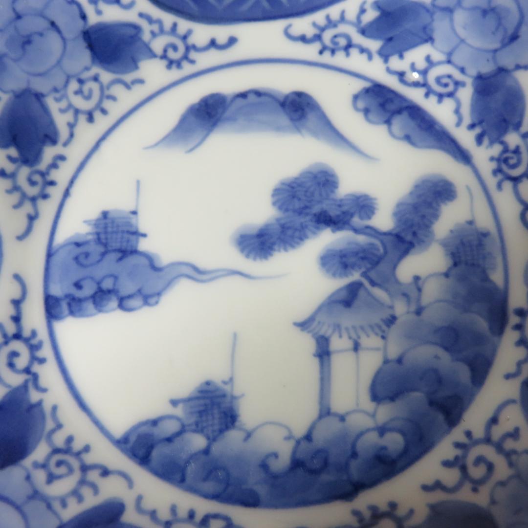 角皿 染付 5枚 山水文様 花唐草 銘 明治 大正 蔵出し 希少