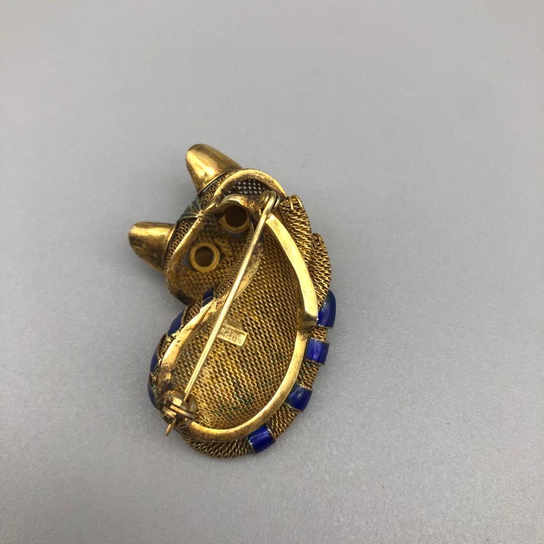 中国骨董品ゴールドメッキブルーエナメルメッシュタイガーアイキャット猫ピンブローチ