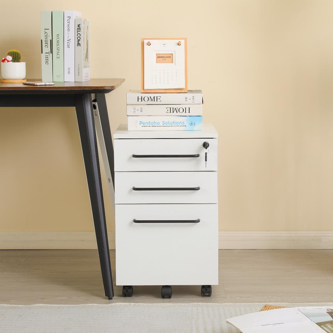 【ホワイト】デスクワゴン サイドワゴン 鍵付き キャスター付き 引き出し3段