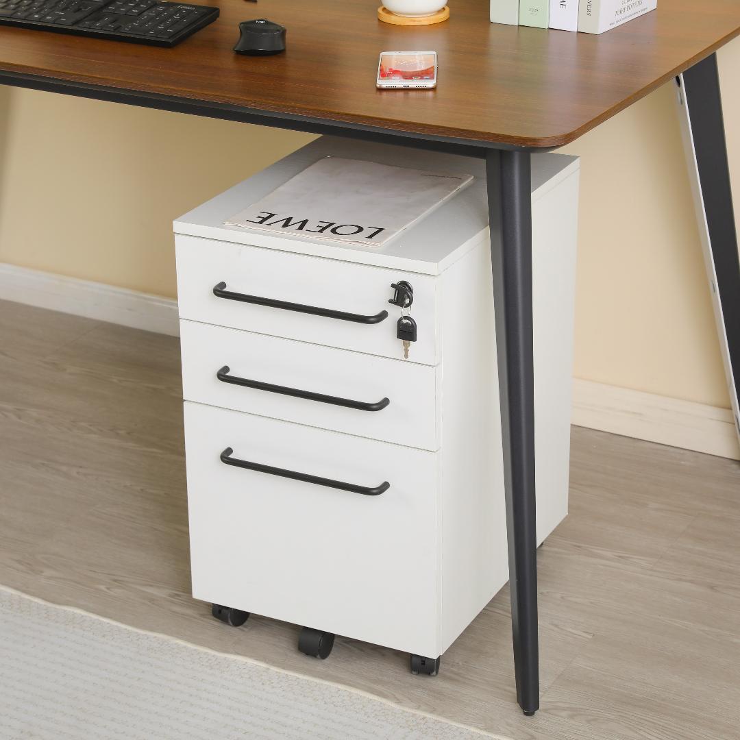 【ホワイト】デスクワゴン サイドワゴン 鍵付き キャスター付き 引き出し3段