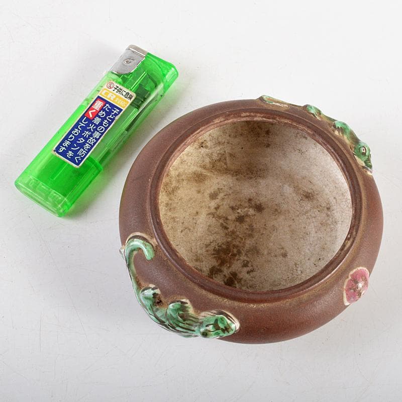 中国　紫砂　朱泥　貼神獣文　水孟　筆洗　霞軒銘　M　R6048