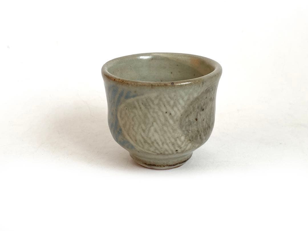 陶芸家　人間国宝　島岡達三　地釉縄文象嵌ぐい呑　酒器　酒盃　師　濱田庄司　共箱