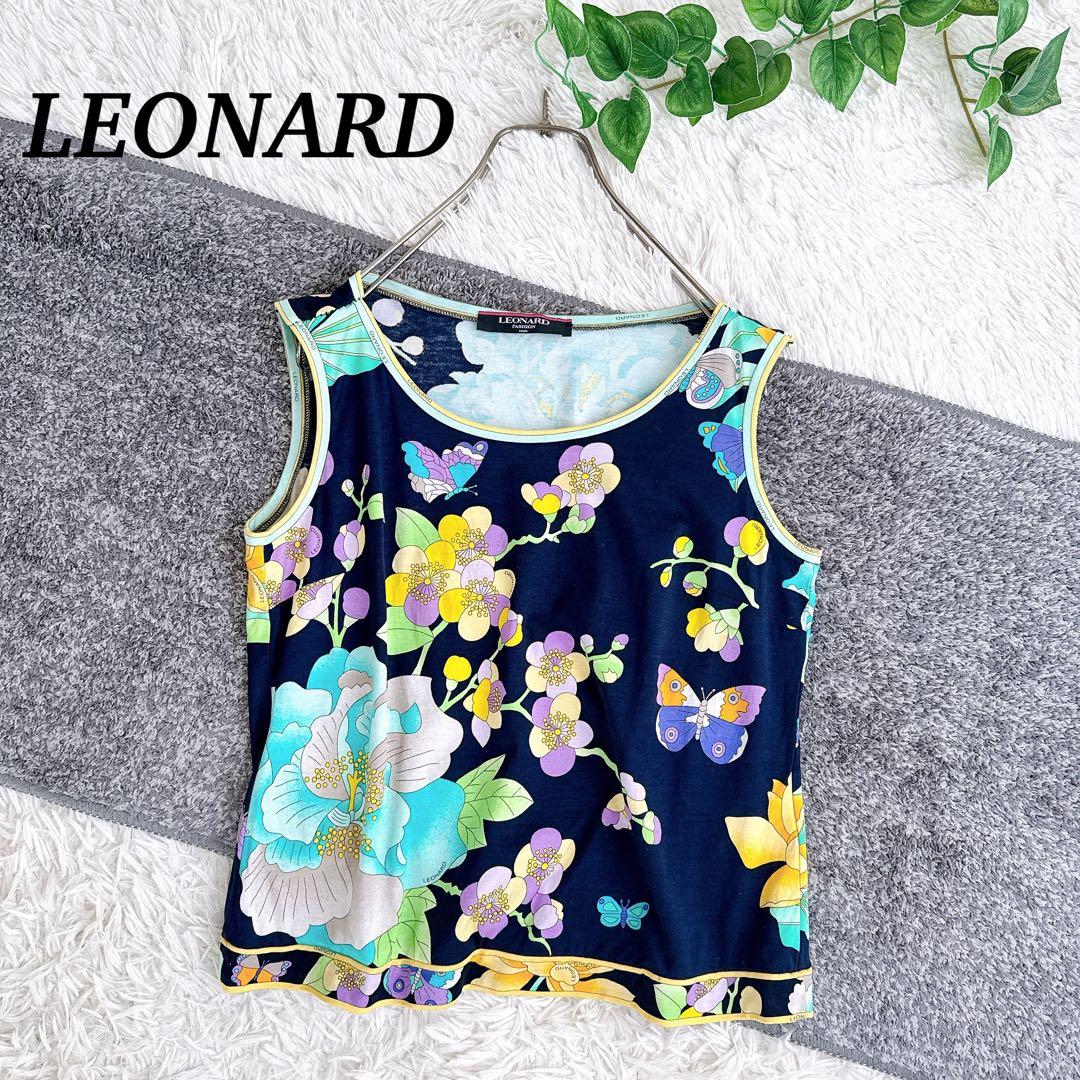 美品　レオナール　トップス　ノースリーブ　花柄　フラワー柄　コットン　黒　L