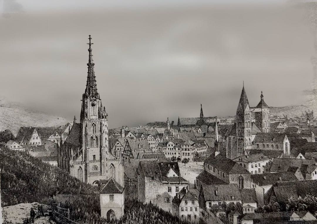 エスリンゲン全景 R.ガイスラーによる1850年頃のオリジナルリトグラフ