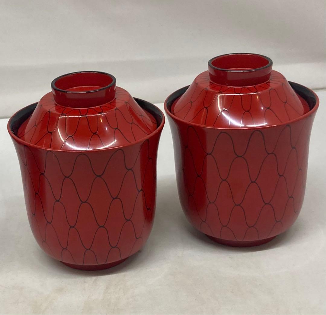 B471b「黒網目 朱箸洗 5個」箱書は表書のみ　木地　外朱漆塗　内黒漆塗