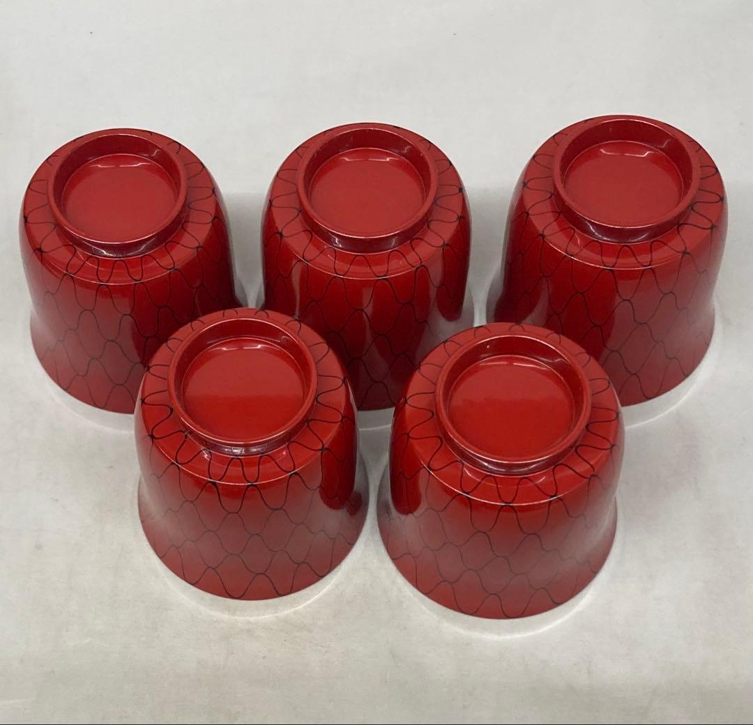 B471b「黒網目 朱箸洗 5個」箱書は表書のみ　木地　外朱漆塗　内黒漆塗