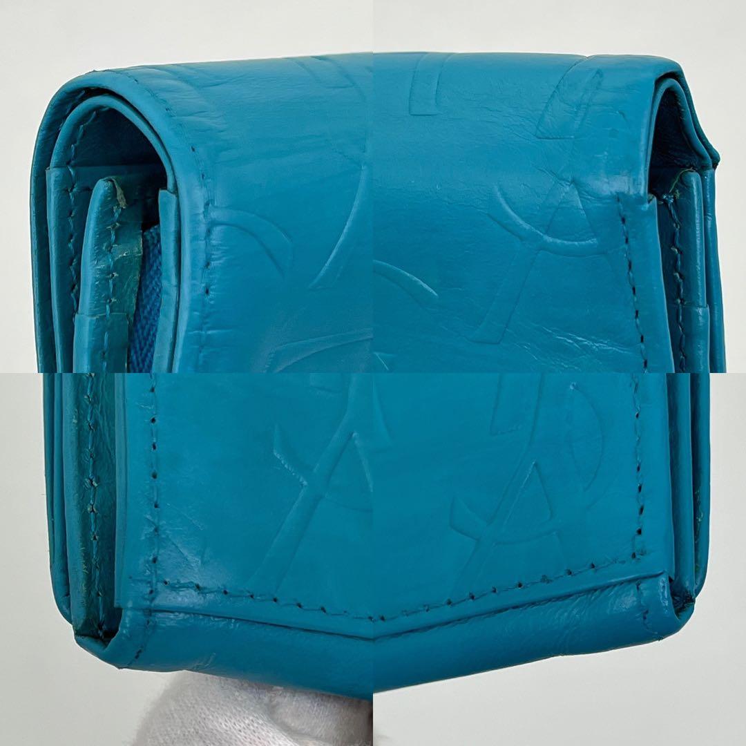 イヴサンローラン 二つ折り財布 カサンドラ YSLロゴ ライトブルー レザー