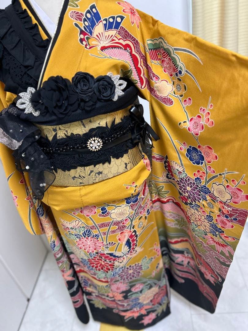 振袖フルセット　からし色系　イエロー系　モモ