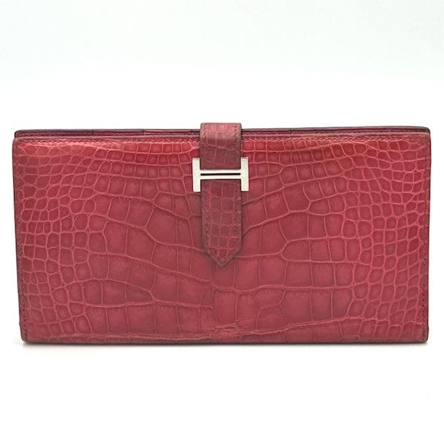 美品 エルメス HERMES ベアン アリゲーター ピンク 二つ折り長財布