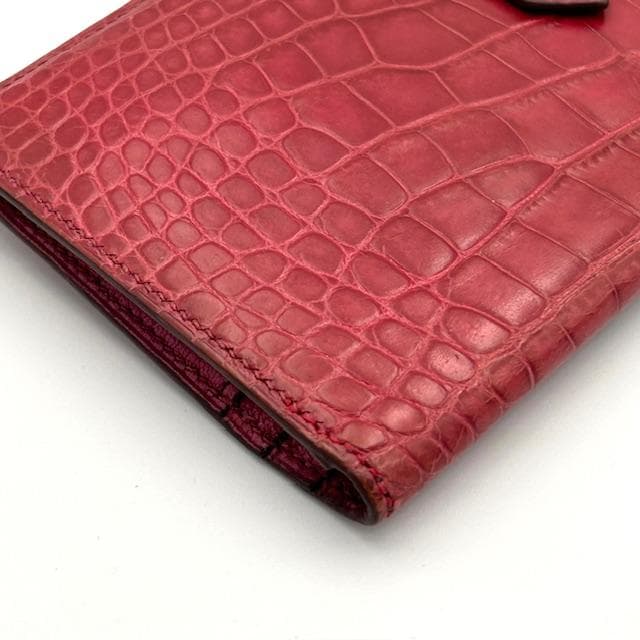 美品 エルメス HERMES ベアン アリゲーター ピンク 二つ折り長財布