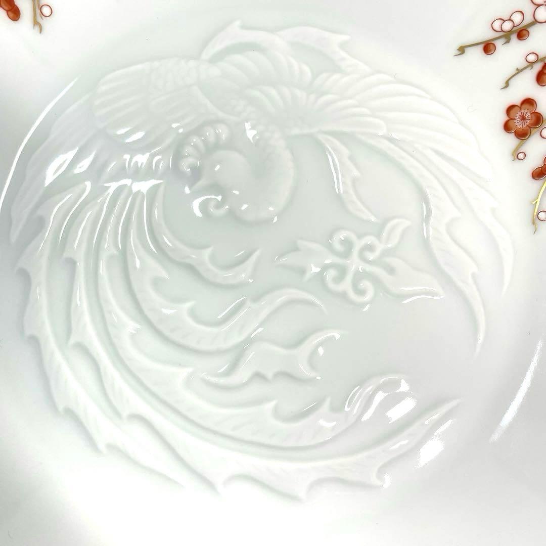 深川製磁 金彩紅白梅 鳳凰陽刻盛鉢 十二方割 飾皿