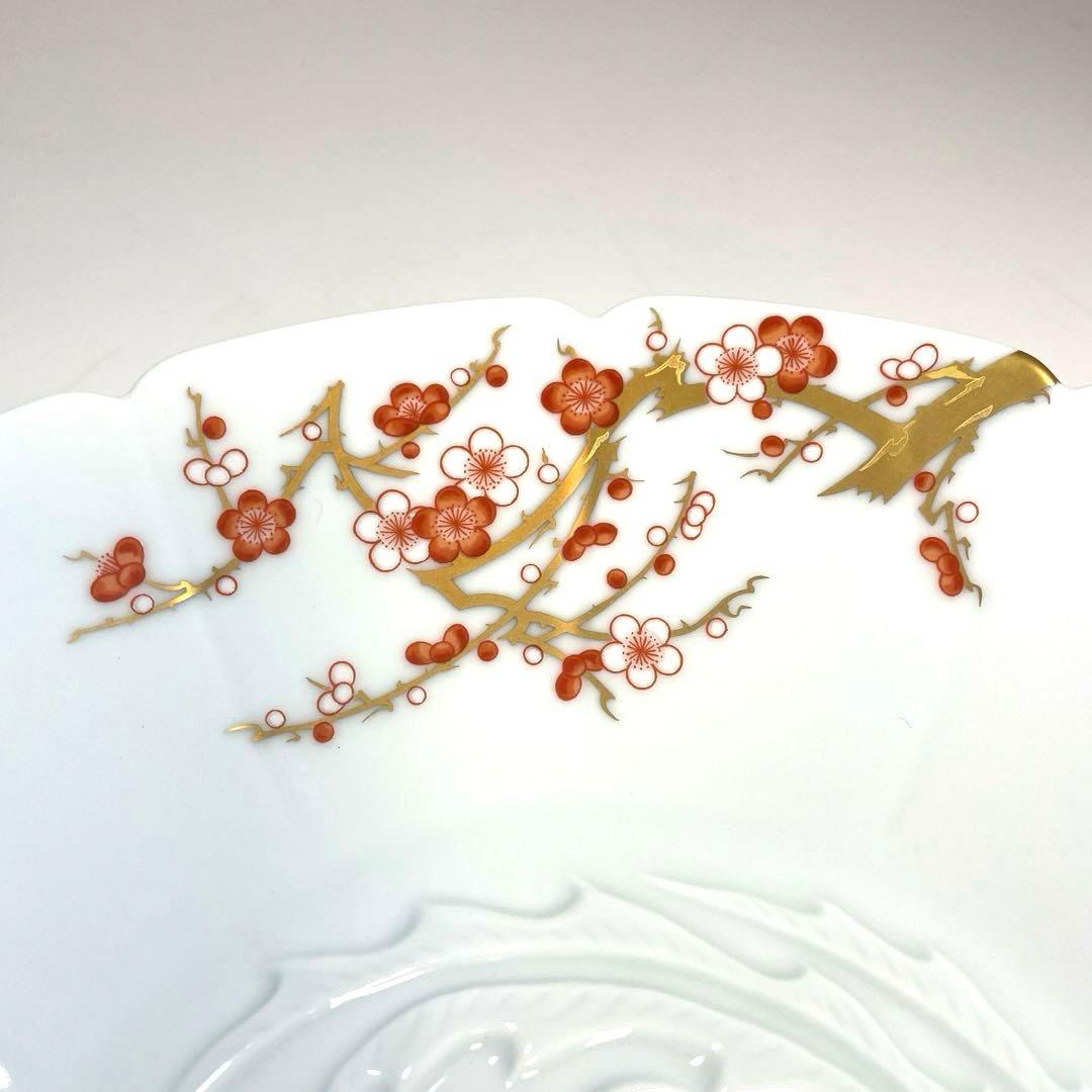 深川製磁 金彩紅白梅 鳳凰陽刻盛鉢 十二方割 飾皿