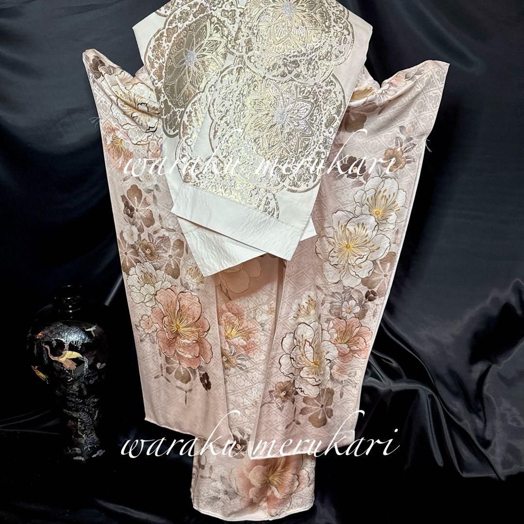 ◆豪華正絹振袖　くすみピンク、古典柄袋帯、牡丹柄、金駒刺繍、金彩加工