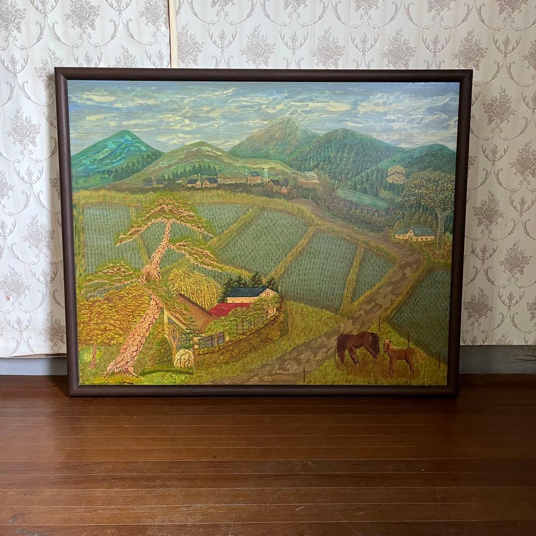 【蔵出し】額装 額縁 絵画 風景画 田舎 馬 田園 山 農村 アート 作品