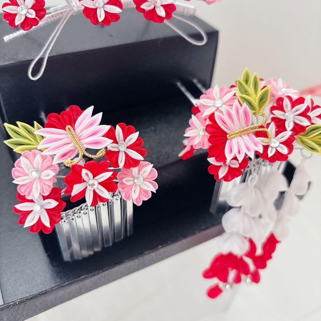 七五三　赤　ピンク　勝山かんざし　髪飾り　簪　かのこ　ちんころ　日本髪　７歳