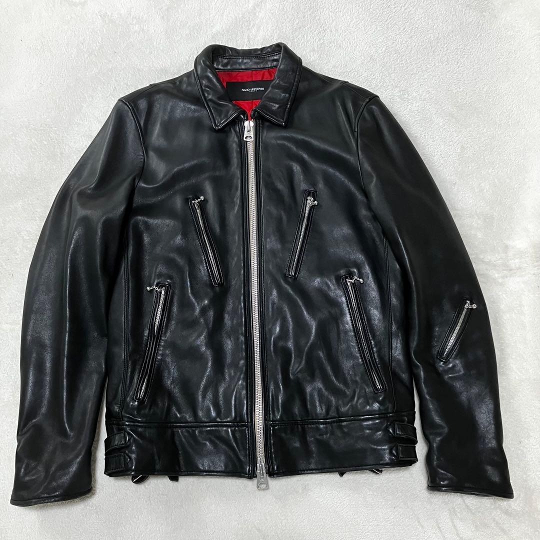 ナノユニバース ライダース L ラムレザー 黒×赤 キルティング サーモライト