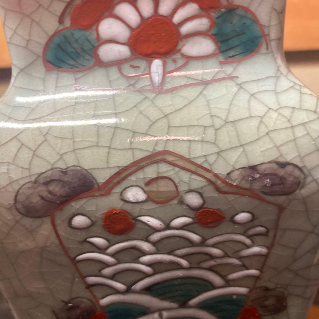 中国古玩　青磁色絵花瓶10cm25cm