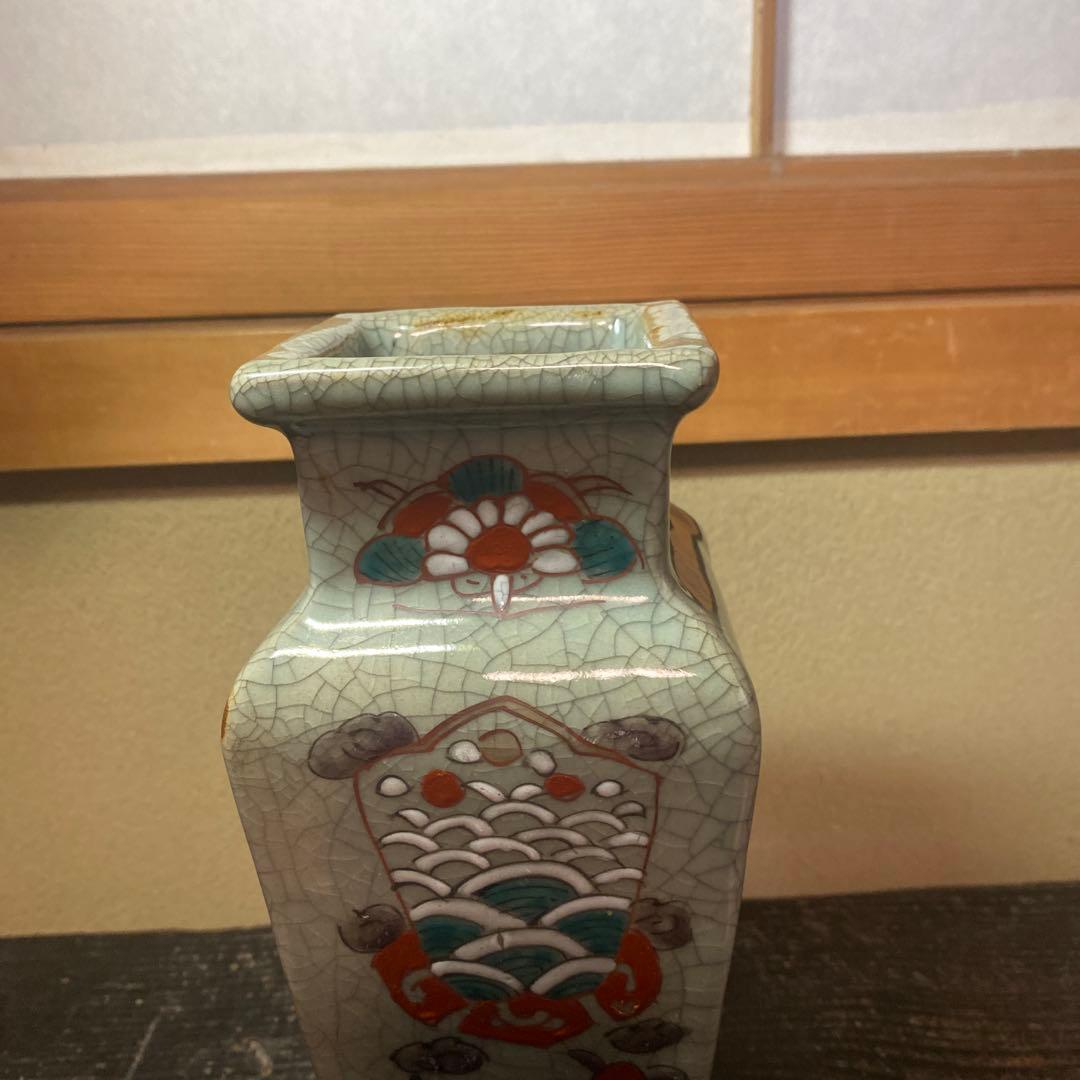中国古玩　青磁色絵花瓶10cm25cm