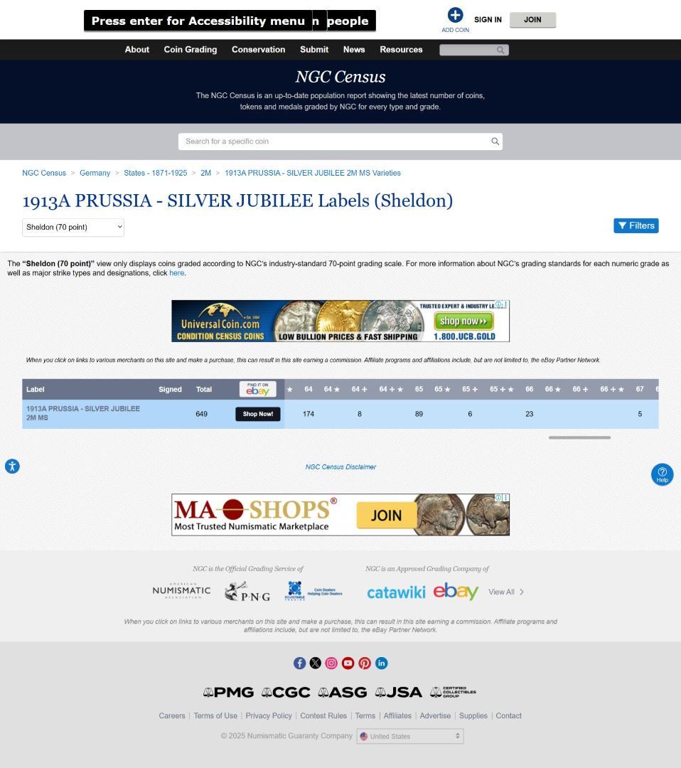 NGC-MS63 ドイツ　プロイセン 　ヴィルヘルム２世　1913A