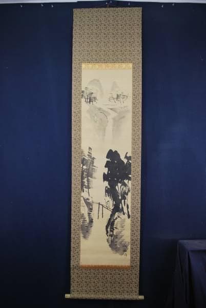 真作/桜洲/山水観瀑図/布袋屋掛軸B-387