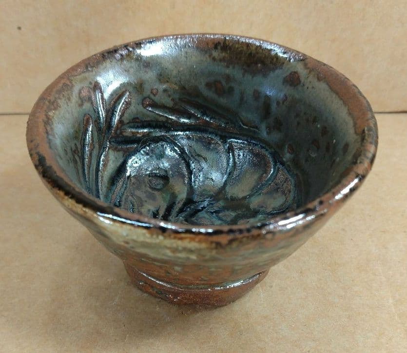 【本物保証】金城次郎 壷屋焼ぐい呑(海老紋) 共箱 栞 人間国宝 壺屋焼 海老盃