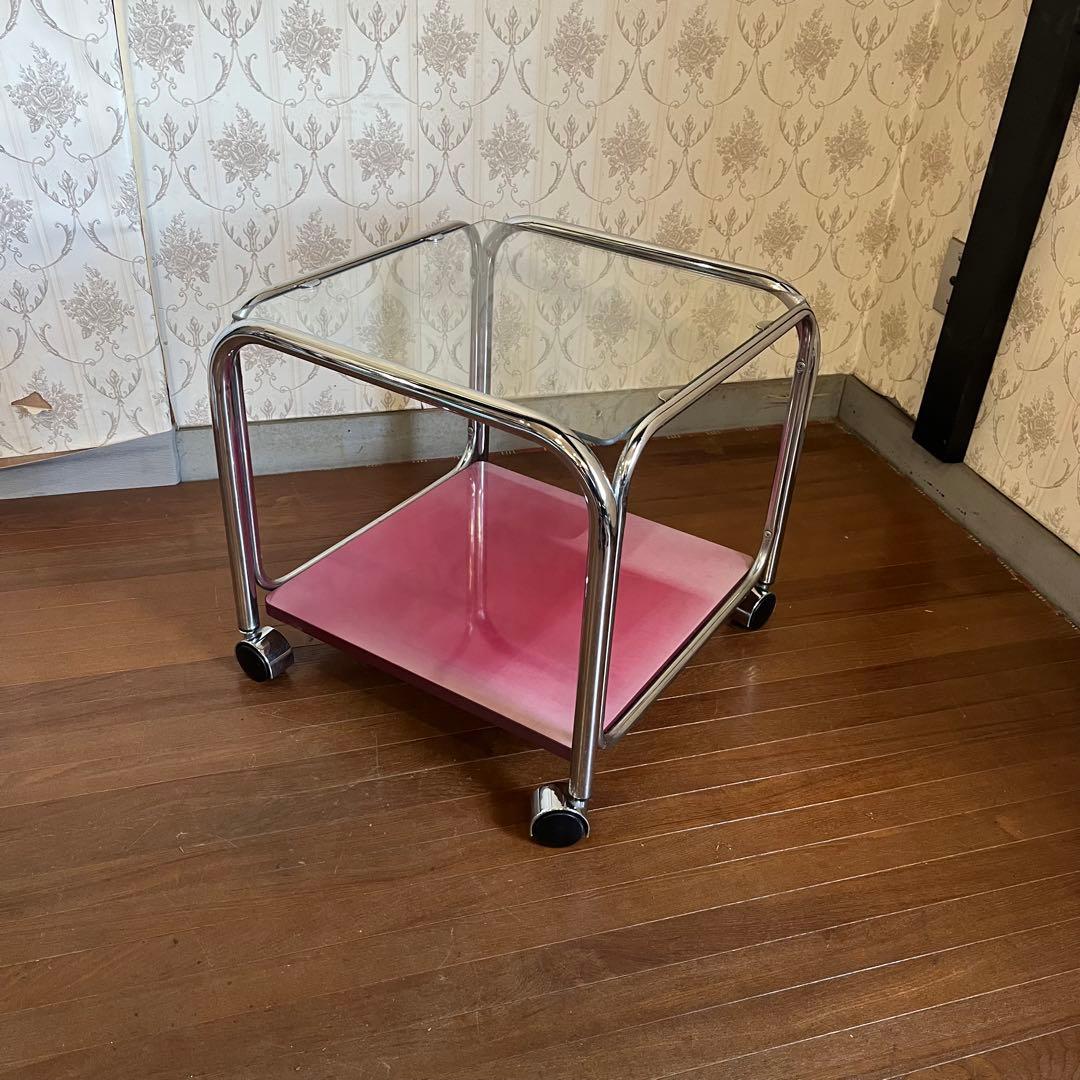 【アンティーク】アイアンフレーム ガラステーブル サイドテーブル キャスター付き