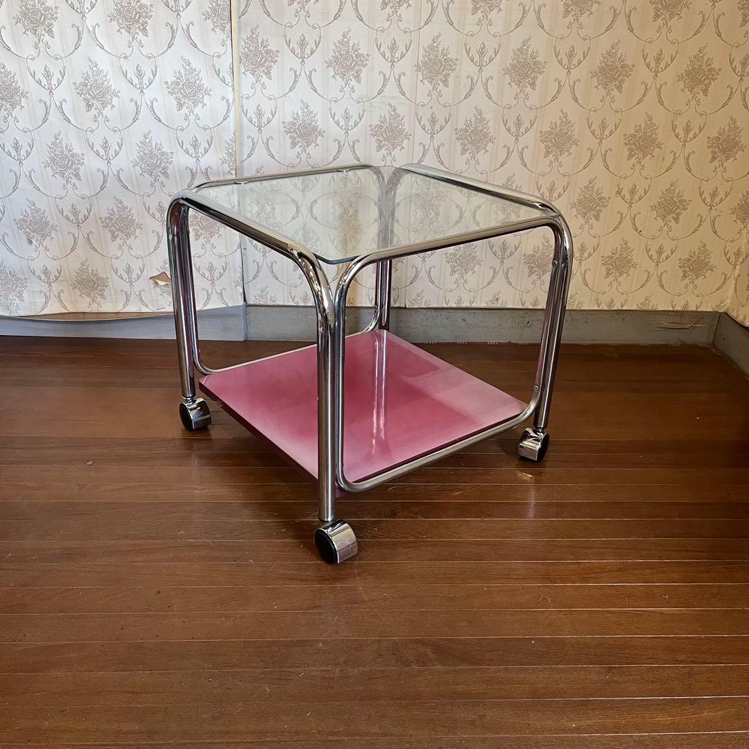 【アンティーク】アイアンフレーム ガラステーブル サイドテーブル キャスター付き