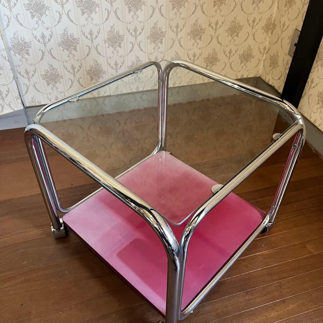 【アンティーク】アイアンフレーム ガラステーブル サイドテーブル キャスター付き