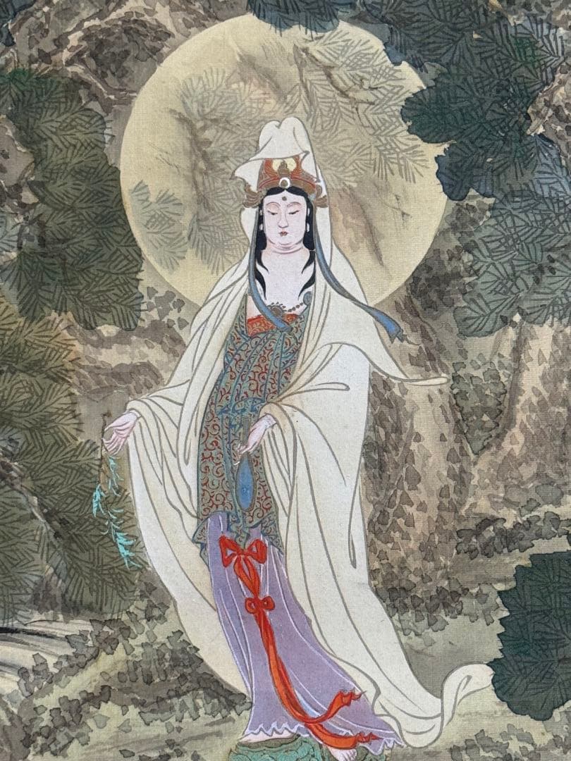 滝見観音　後藤越山筆　絹本肉筆　仏画　掛軸　送料込み250902