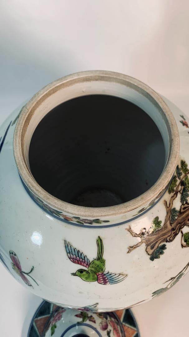 民国前期 景徳鎮 粉彩五彩 将軍罐 大型 有蓋壺／鳳凰・麒麟・花鳥図 約43cm