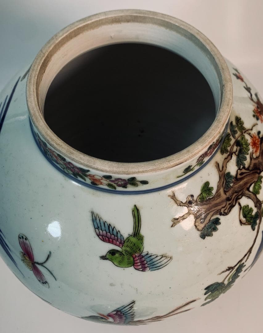 民国前期 景徳鎮 粉彩五彩 将軍罐 大型 有蓋壺／鳳凰・麒麟・花鳥図 約43cm