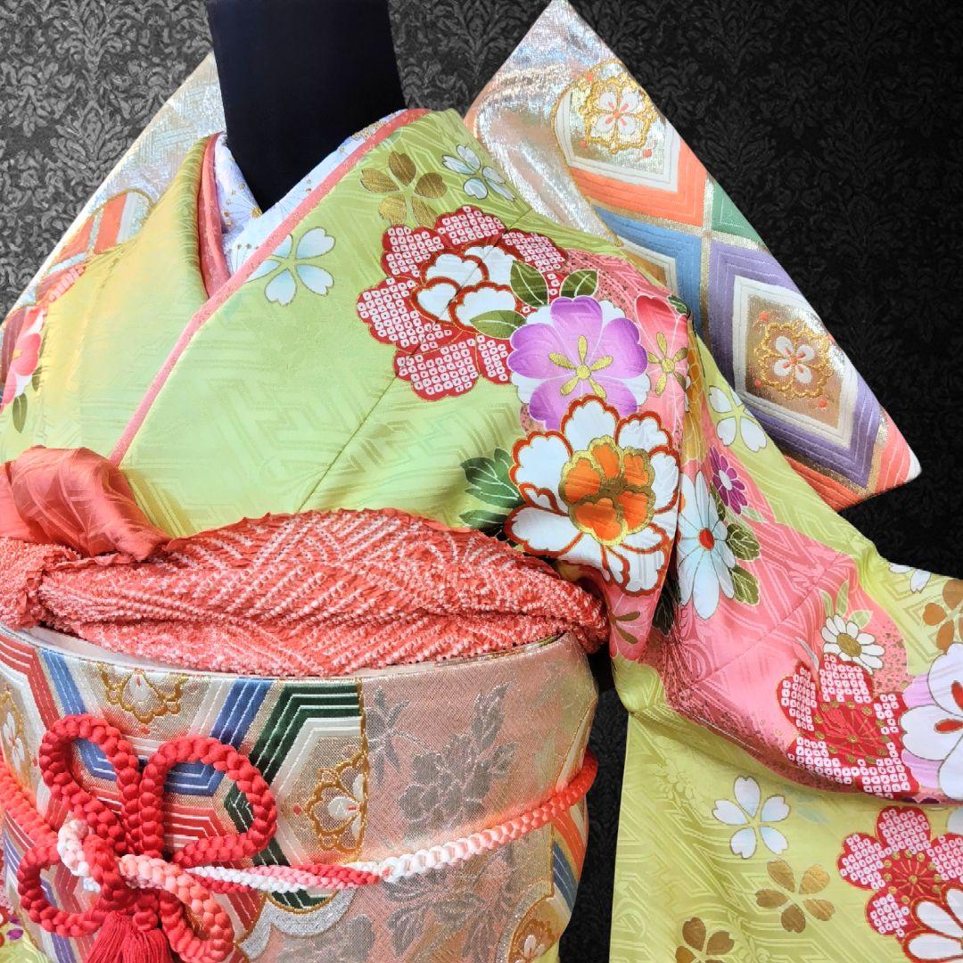 SALE中！振袖フルセット(7点)・成人式・金駒刺繍・金彩加工・鹿の子柄・正絹