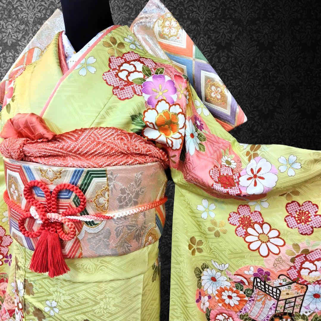 SALE中！振袖フルセット(7点)・成人式・金駒刺繍・金彩加工・鹿の子柄・正絹