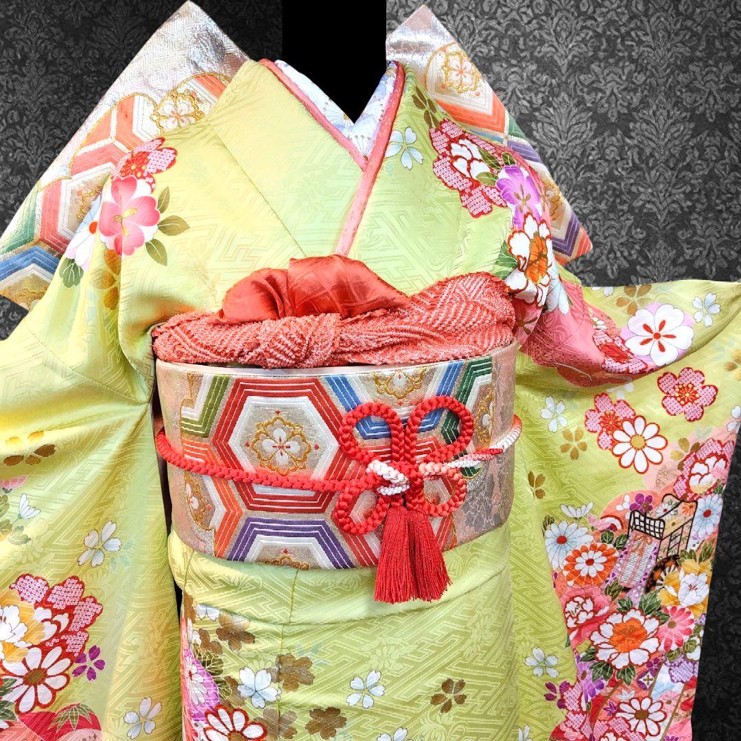 SALE中！振袖フルセット(7点)・成人式・金駒刺繍・金彩加工・鹿の子柄・正絹