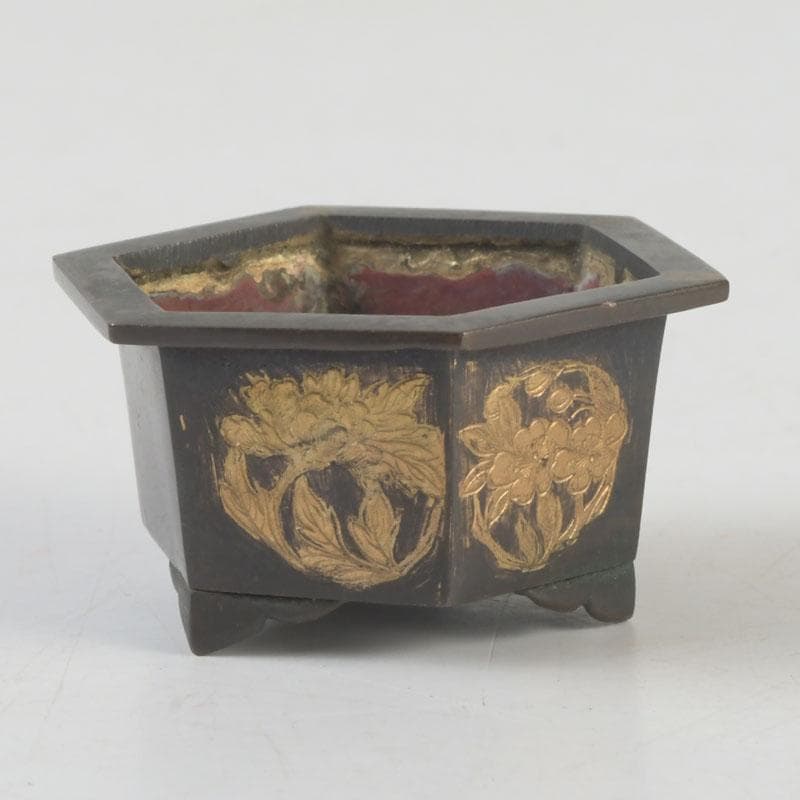 中国　古銅　金彩　花草文　小さな香炉　V　9641