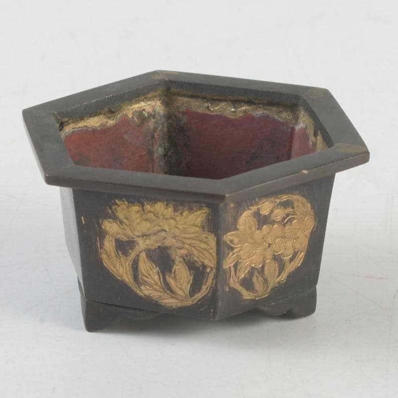 中国　古銅　金彩　花草文　小さな香炉　V　9641