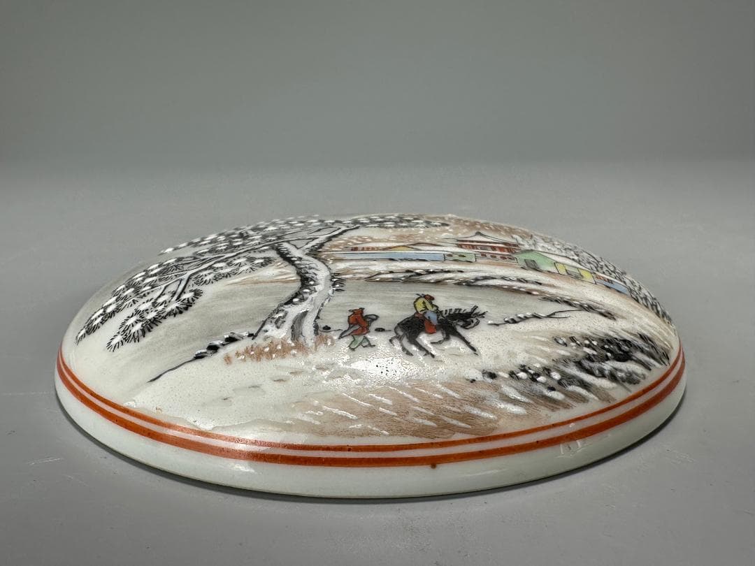 書道具　文房具　景徳鎮製　朱肉　雪景画　乾隆年製　款　時代　唐物