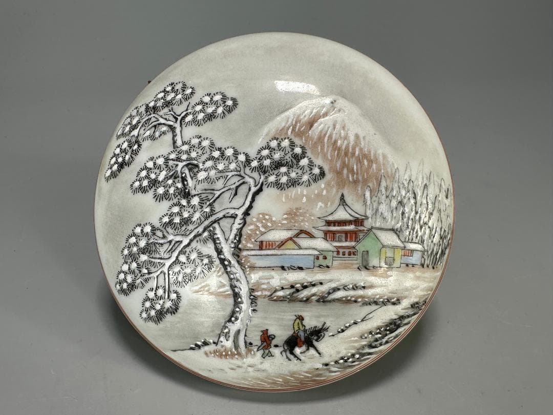 書道具　文房具　景徳鎮製　朱肉　雪景画　乾隆年製　款　時代　唐物
